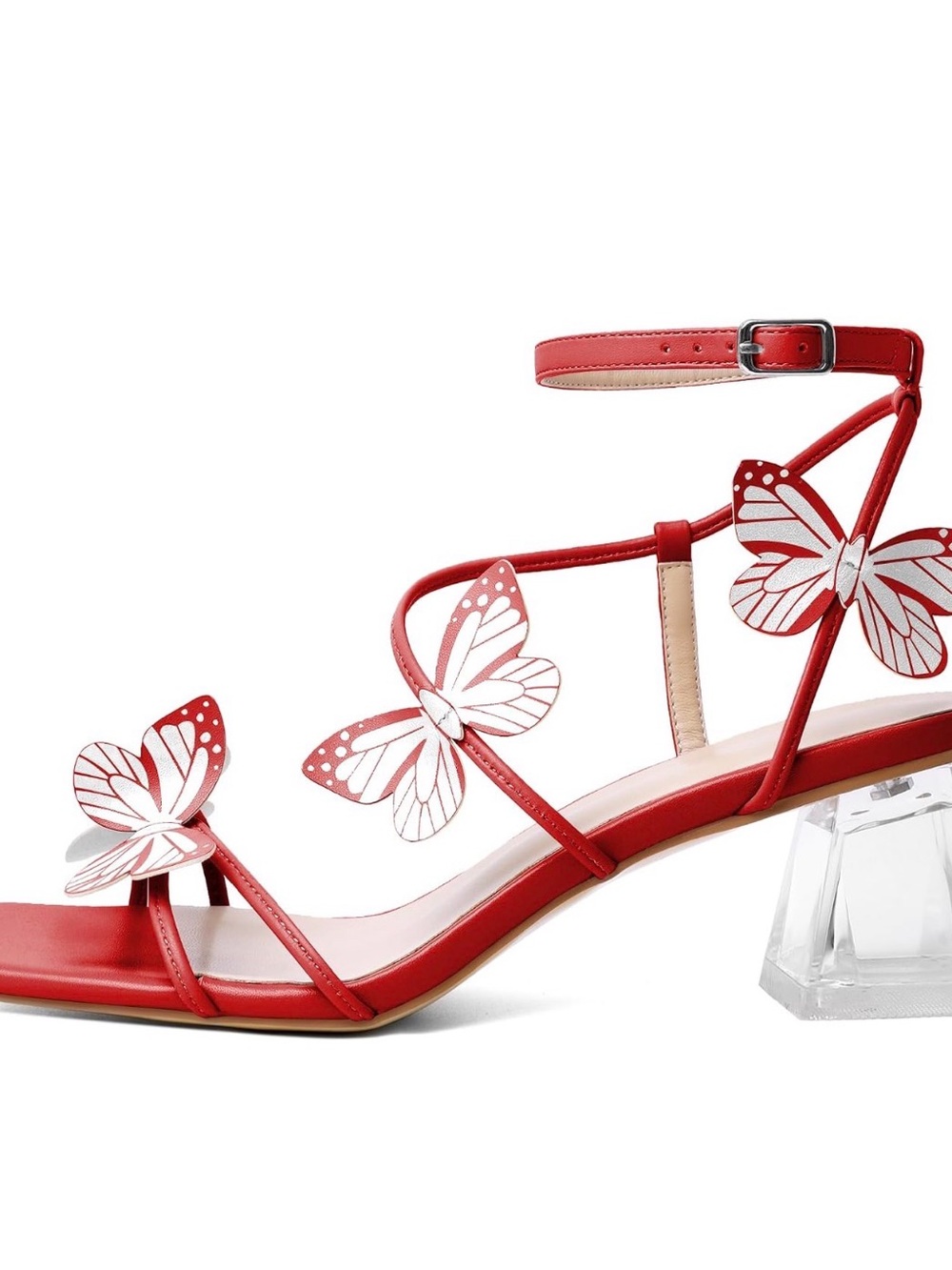 Red Butterfly Strappy Sandals with Clear Block Heel